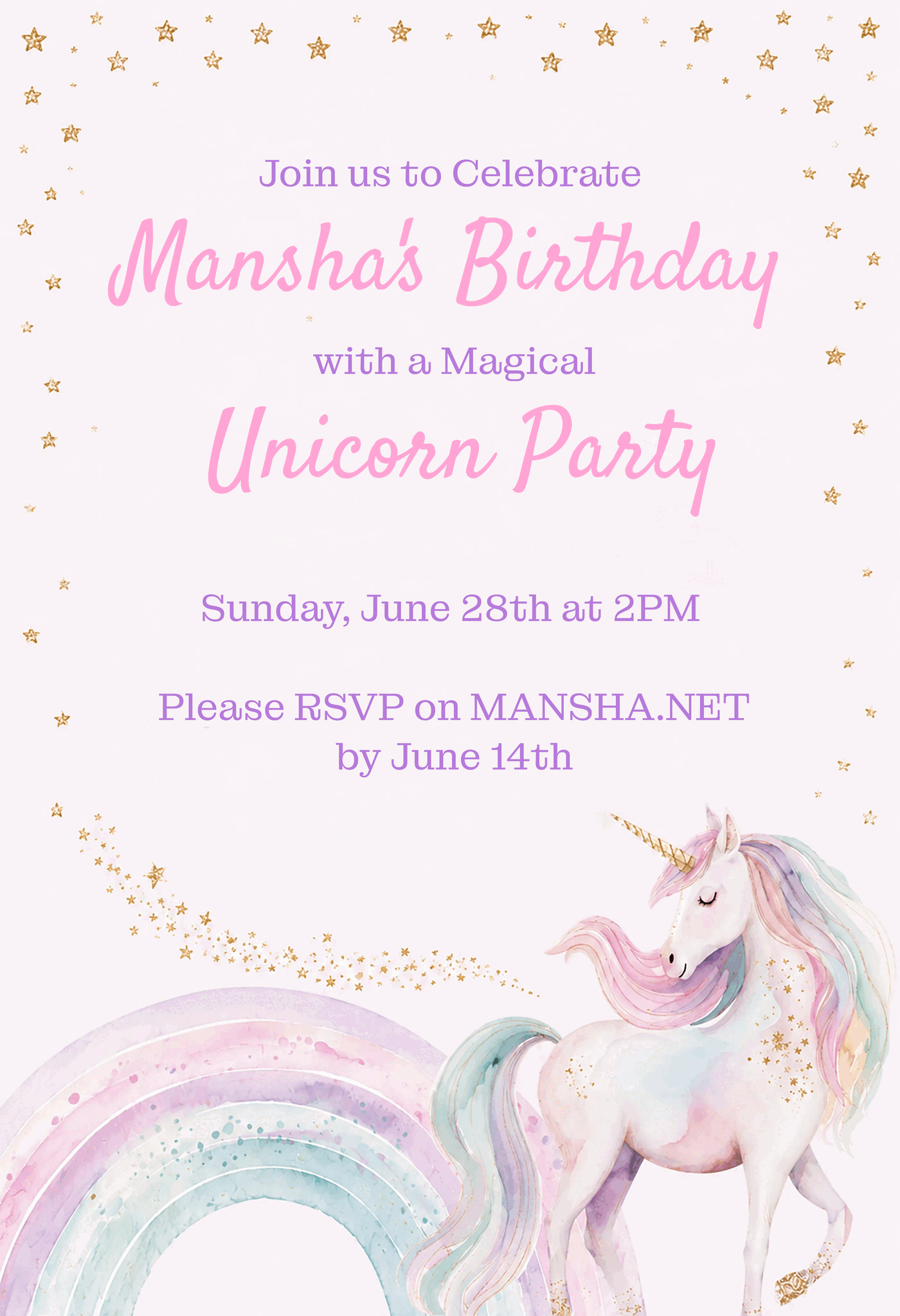 Join us to celebrate Mansha's birthday with a magical unicorn party. Sunday, June 28th at 2PM.